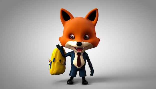 Representación 3d Personaje de dibujos animados divertido con zorro con mochila escolar