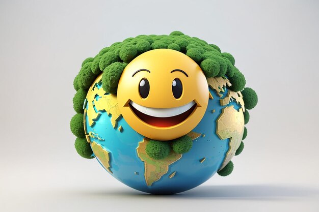 Representación 3D del personaje del icono mundial sonriente aislado en el concepto de fondo blanco del día mundial de la Tierra Ilustración de representación 3D estilo de dibujos animados