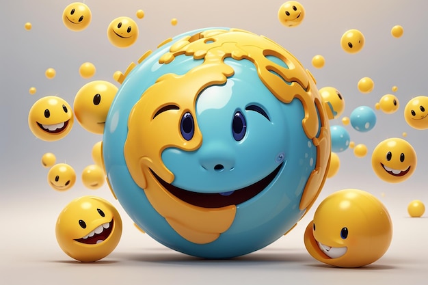 Representación 3D del personaje del icono mundial sonriente aislado en el concepto de fondo blanco del día mundial de la Tierra Ilustración de representación 3D estilo de dibujos animados