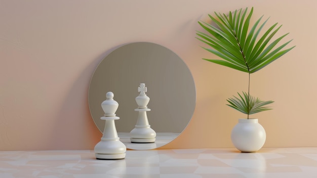 En esta representación en 3D, la pieza de peón blanco se encuentra frente al espejo redondo donde el rey blanco se refleja una metáfora de contraste concepto de distorsión perceptiva estética minimalista