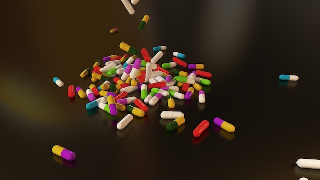 Representación 3D de píldoras médicas multicolores cayendo de arriba a abajo