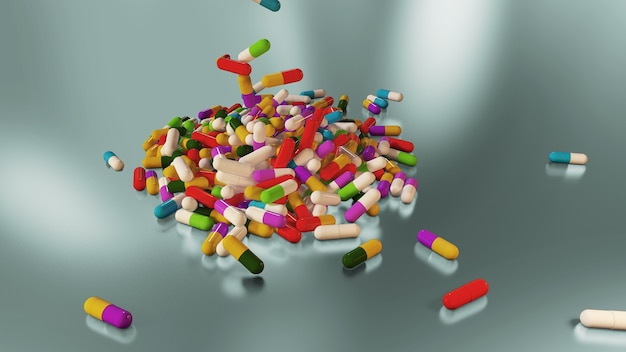 Representación 3D de píldoras médicas multicolores cayendo de arriba a abajo