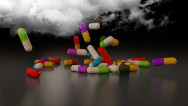 Foto representación 3d de píldoras médicas multicolores cayendo de una nube de tormenta