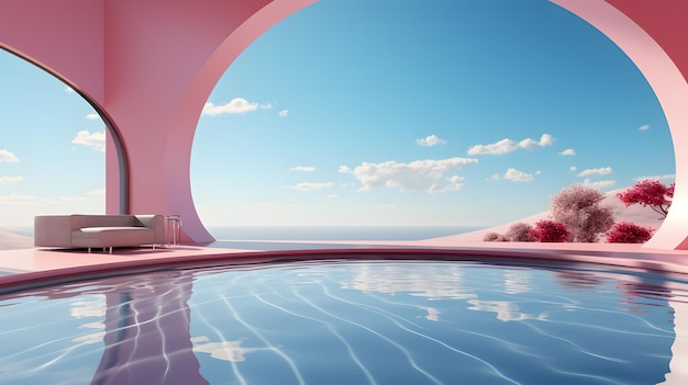 Representación 3d de la piscina infinita en el fondo del cielo azul