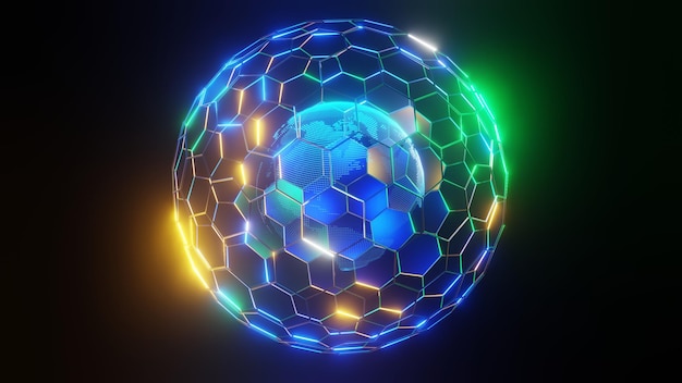 Representación 3D Planeta digital Malla hexagonal brillante azul Red global y concepto de comunicación Fondo de alta tecnología empresarial del globo terrestre