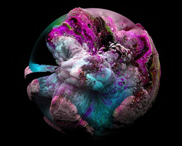 Representación 3D del planeta Tierra abstracto con estructura de bacterias orgánicas y superficie super rugosa en violeta violeta y color verde sobre fondo negro