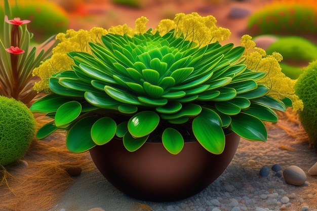 Una representación 3d de una planta con una planta verde en el medio.