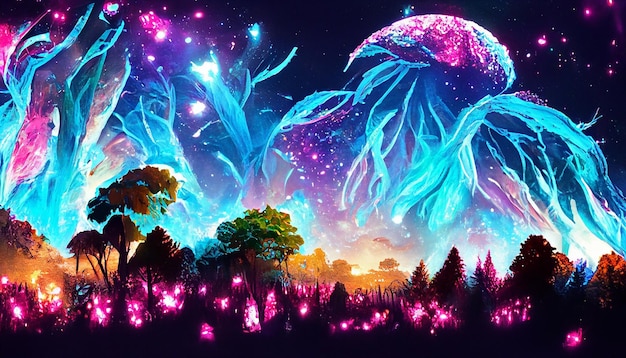 Representación 3D de plantas bioluminiscentes coloridas en un camino de cristal de bosque de fantasía Fondo de paisaje épico