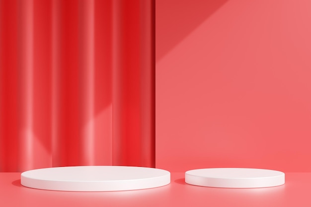 Representación 3d de la plataforma de podio rojo sobre fondo rojo para la exhibición de productos en el día de san valentín