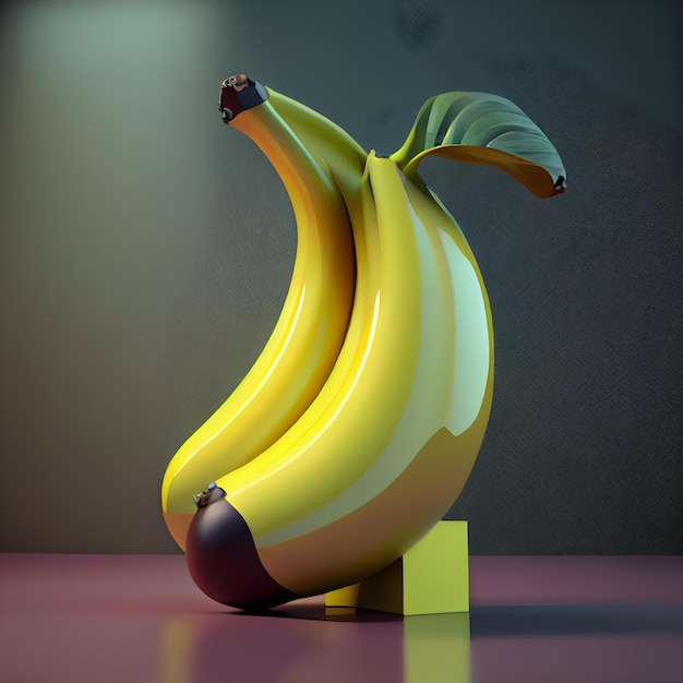 Representación 3d de un plátano en un pedestal en un cuarto oscuro