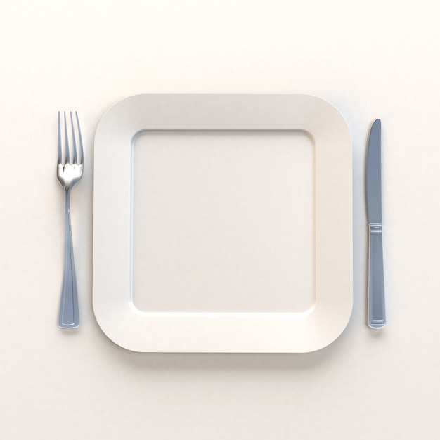 Representación 3D de un plato blanco cuadrado con cuchillo y tenedor