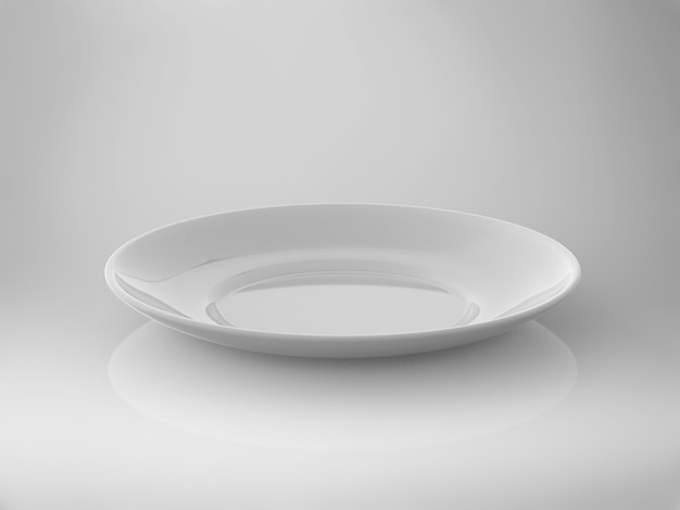 Representación 3D plato blanco vacío sobre fondo blanco.