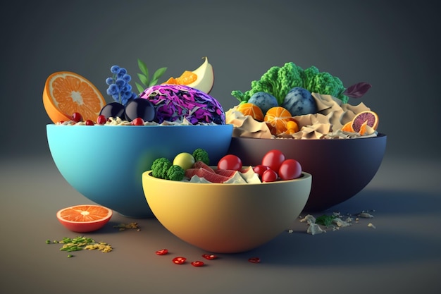 Una representación 3D de un plato de frutas y verduras.