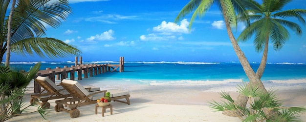 Representación 3D de una playa tropical con un par de hamacas