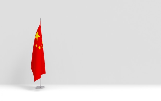 Representación 3d Plegable podio de asta de la bandera nacional china en el escenario de pared de cemento gris vacío.