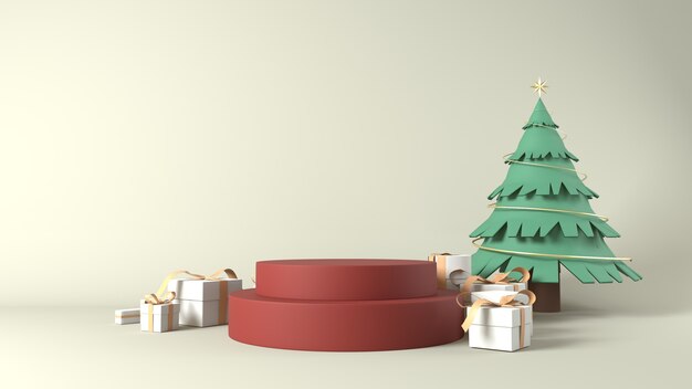 Representación 3D de un podio con adornos navideños