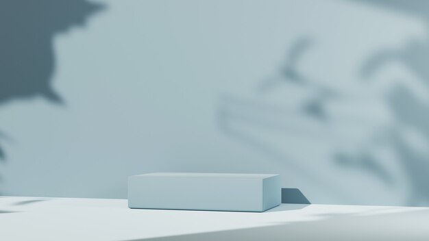 Representación 3D de podio azul y sombra de árbol en el fondo de la pared. Maqueta para mostrar producto.