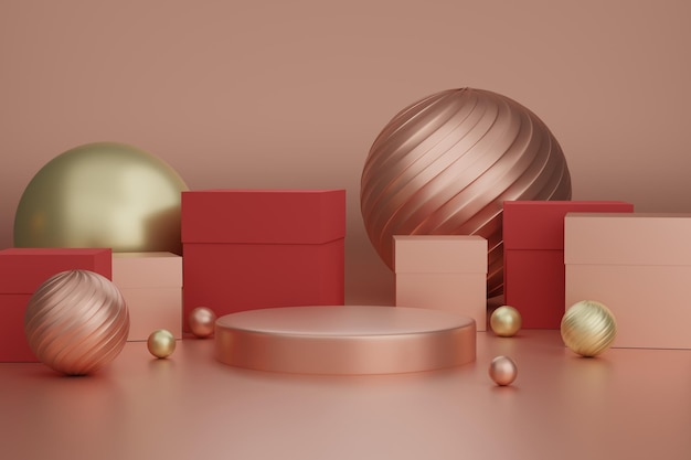 Representación 3d del podio circular de oro rosa con caja de regalo en la pantalla del producto de fondo de oro rosa