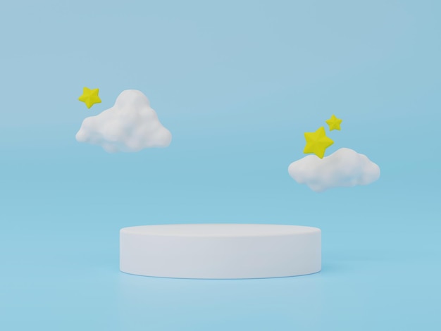 Representación 3d del podio de escaparate de geometría y nube flotante con estrellas para la presentación del producto