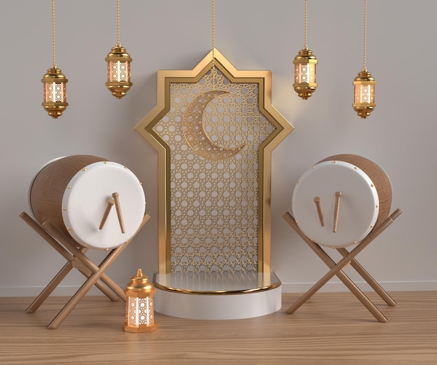 Representación 3D del podio islámico para eid al fitr ramadhan adha con estilo estrella ketupat latern gold