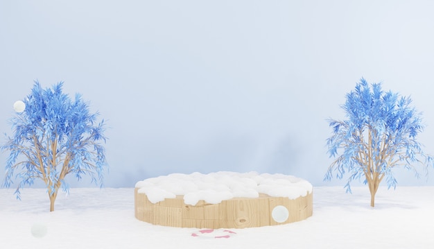 Representación 3D Podio de madera cubierto de nieve con tema de invierno de 2 árboles para productos de exhibición