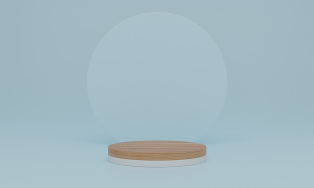 Representación 3D. podio de madera sobre fondo azul. Pedestal o plataforma para exhibición, presentación de producto, maqueta, mostrar producto cosmético