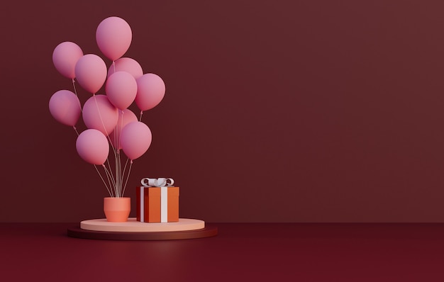 Representación 3D. Podio o soporte de producto con globo rosa y caja de regalo sobre fondo rojo.