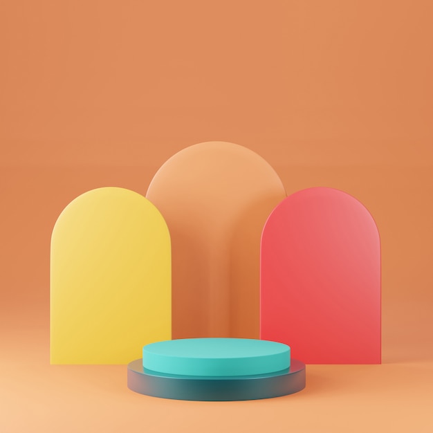 Representación 3D del podio de pedestal colorido sobre fondo claro, espacio en blanco mínimo abstracto del podio para productos cosméticos de belleza,