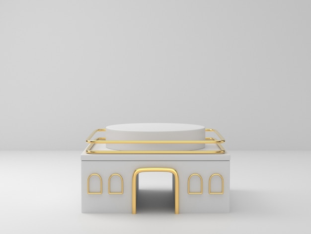 Representación 3D del podio de pedestal de oro blanco sobre fondo claro, espacio en blanco mínimo abstracto del podio para productos cosméticos de belleza,