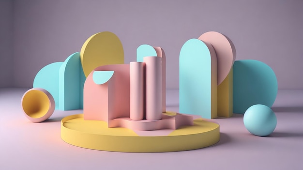 Representación 3D de un podio para productos sobre un fondo de color suave