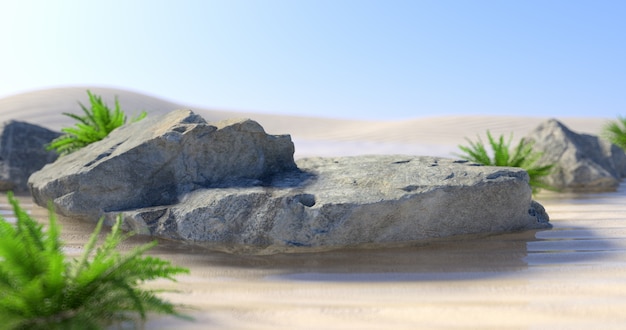 Representación 3D de podio de roca y planta