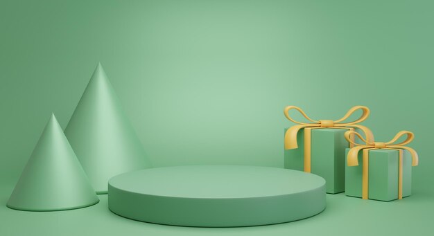 Representación 3d podio verde con caja de regalo verde cono verde sobre fondo verde espectáculo de producto de podio para espacio de copia de año nuevo