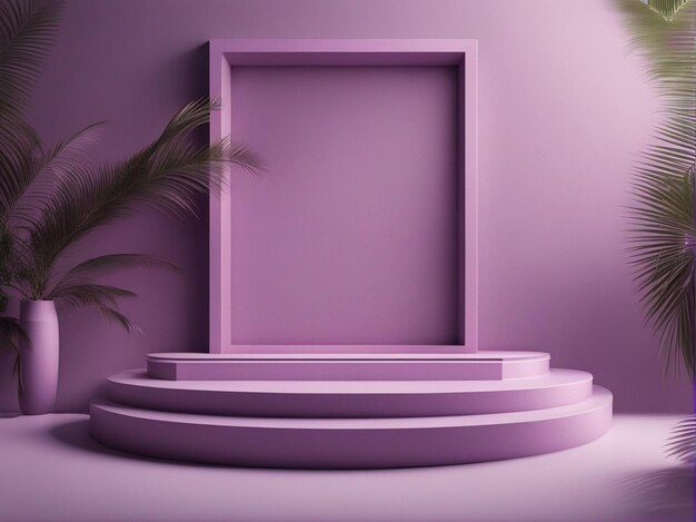 Una representación 3D de un podio violeta claro abstracto con marco y fondo de hoja de palma