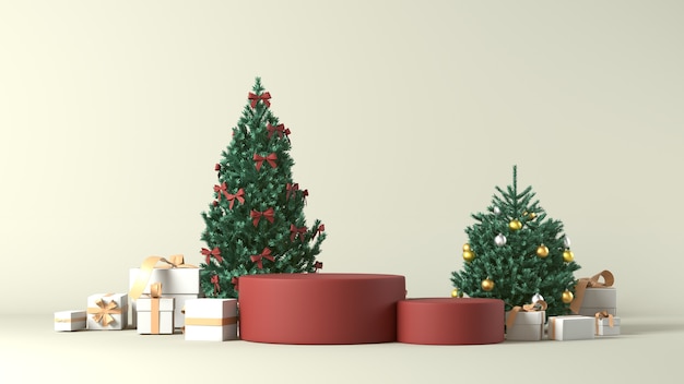 Representación 3D de podios con adornos navideños