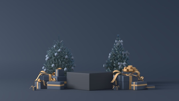 Representación 3D de podios con regalos de Navidad