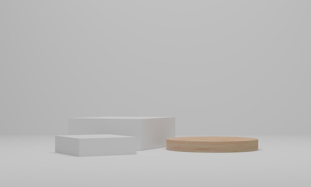 Representación 3D Podium de madera sobre fondo blanco Escena minimalista abstracta con pedestal o plataforma geométrica para la presentación de productos de exhibición