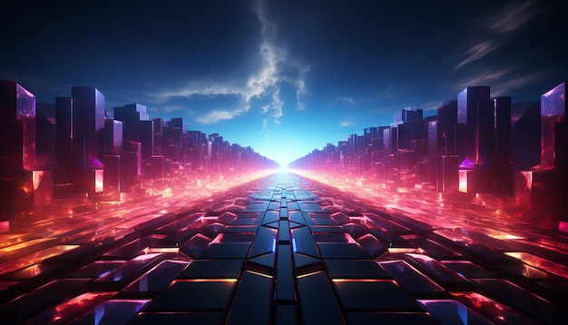 Representación 3D de un portal de neón hexagonal en un entorno de realidad virtual con líneas brillantes en el espectro amarillo azul rosado y colores vibrantes