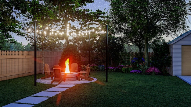 Representación 3D de un pozo de fuego con luz de cadena