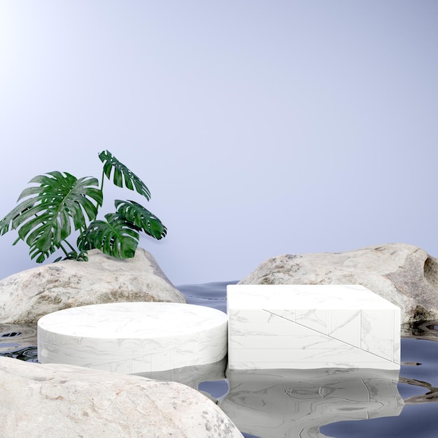 Representación 3d presentación de maqueta de producto de escenario de podio mínimo en agua con rocas y plantas