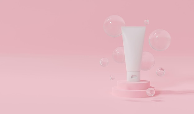 Representación 3d del producto cosmético de belleza para el cuidado de la piel sobre fondo rosa Cara de crema de tubo blanco