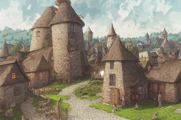 Foto representación 3d de un pueblo medieval de fantasía con muchos edificios ilustración de arte digital