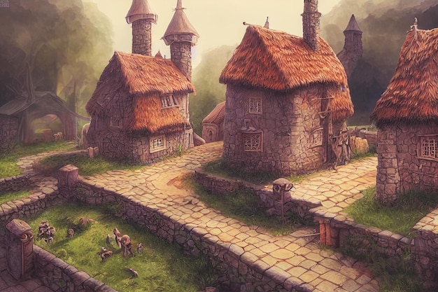 Representación 3D de un pueblo medieval de fantasía con muchos edificios Ilustración de arte digital