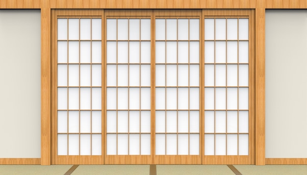 Foto representación 3d. puerta de papel blanco japonés oriental tradicional y fondo de diseño de sala de piso de tatami.