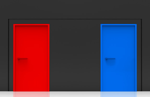 Representación 3d Puertas azules y rojas en la pared de cemento negro. Dos opciones para elegir o seleccionar el concepto futuro.