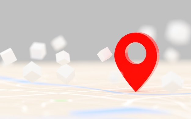 Representación 3D del punto de destino del GPS rojo en el mapa, para el navegador y la ruta para el concepto de viaje, seleccione el enfoque con poca profundidad de campo