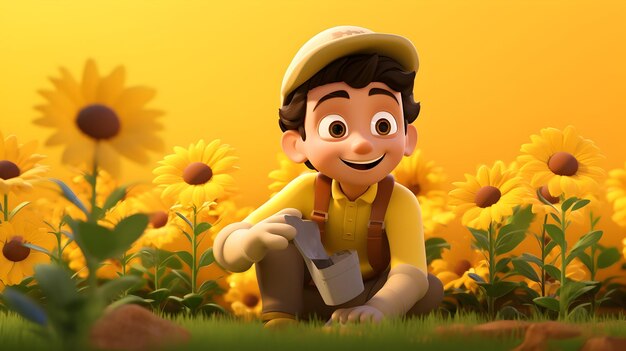 Una representación en 3D que captura a un joven personaje en varios momentos de jardinería
