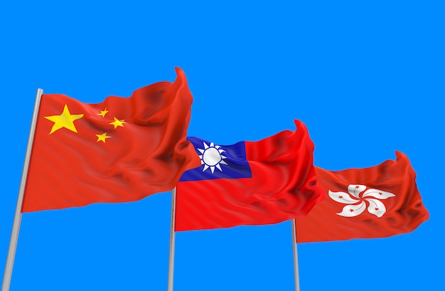 Representación 3d que fluyen banderas nacionales de China, Taiwán y Hong Kong con trazado de recorte aislado en el cielo azul.