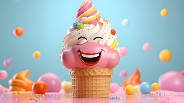 Una representación 3D que muestra un personaje de cono de helado vibrante con una expresión encantada