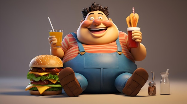 Una representación 3D que retrata a un personaje 3D sentado y saboreando comida rápida