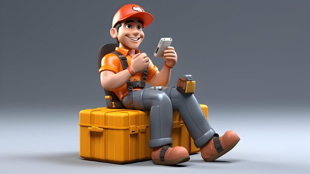 Una representación en 3D que retrata a un personaje alegre de un trabajador de la construcción sosteniendo planos